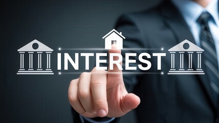 Professional businessman selecting interest rate on digital financial interface with bank and house icons symbolizing investment growth