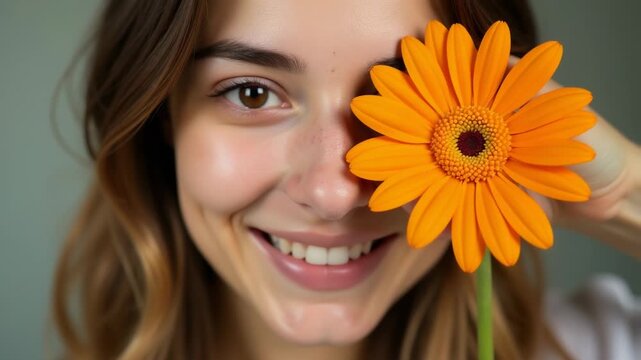 A woman holds an orange flower in front of her face, a symbol of modesty and humility