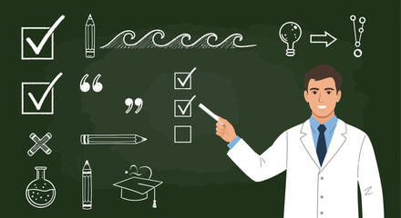 Presentation of an Expert Discussing the Details Written on the Blackboard with Chalk