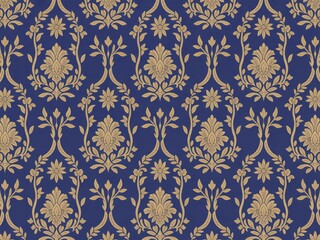 Golden floral damask pattern blue
