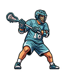 Obraz premium A cartoon lacrosse player in a dynamic action pose, holding a stick.