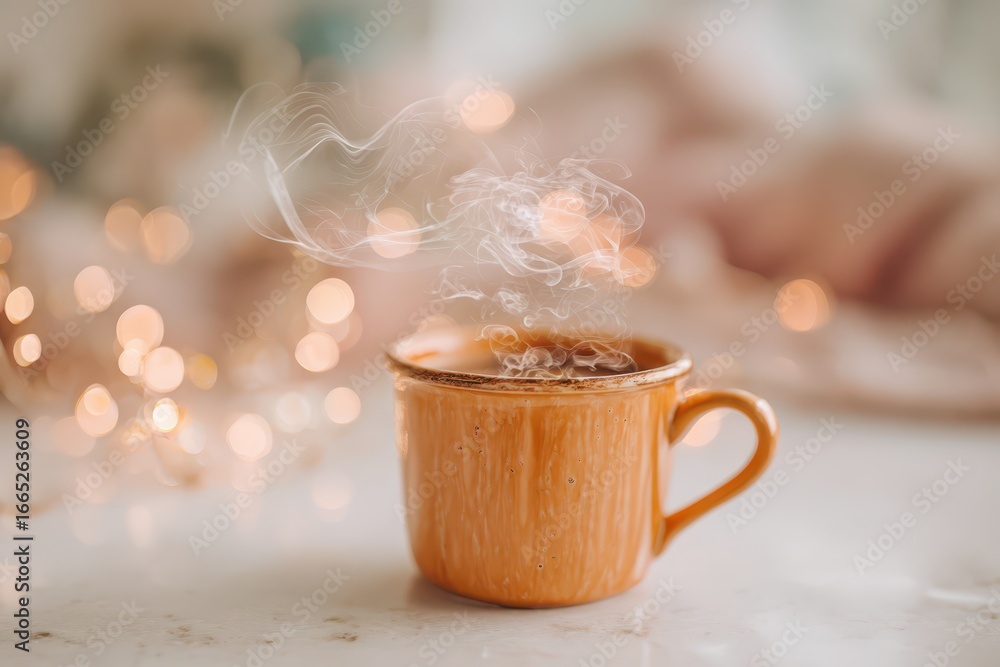 Poster warm and inviting scene with a steaming hot beverage in an enamel mug, soft bokeh.