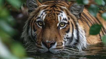 Fototapeta premium Bengal Tiger stalking water surface , in the forest 