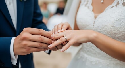 Wedding day detail groom putting ring on brides finger expressing love and commitment during ceremony celebrating their union