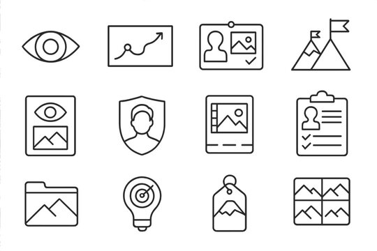 Goal Visualization Icons. Line style icons of goal visualization: goal vision icon, success path chart, mental image board, dream