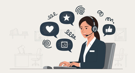 Professional customer service representative assisting clients with headset in office setting