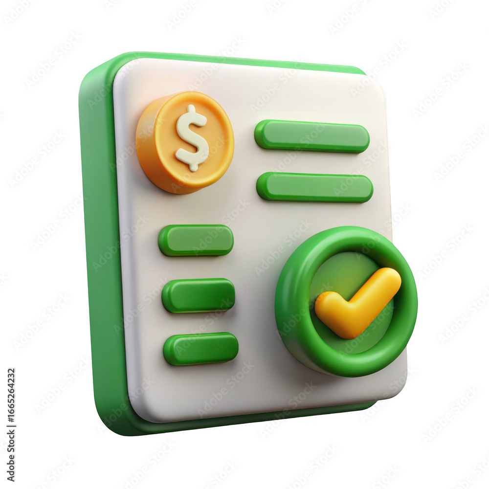 Poster 3d realistic financial transaction record with currency and checkmark icon transparent background