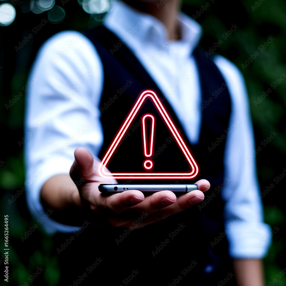 Poster digital warning sign on mobile phone display in hand alert notification technology risk and security