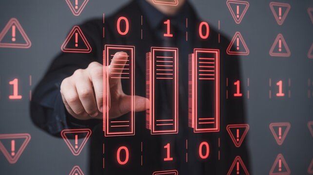 Professional interacting with futuristic digital interface displaying data servers and security warnings, symbolizing cybersecurity and data protection strategies.