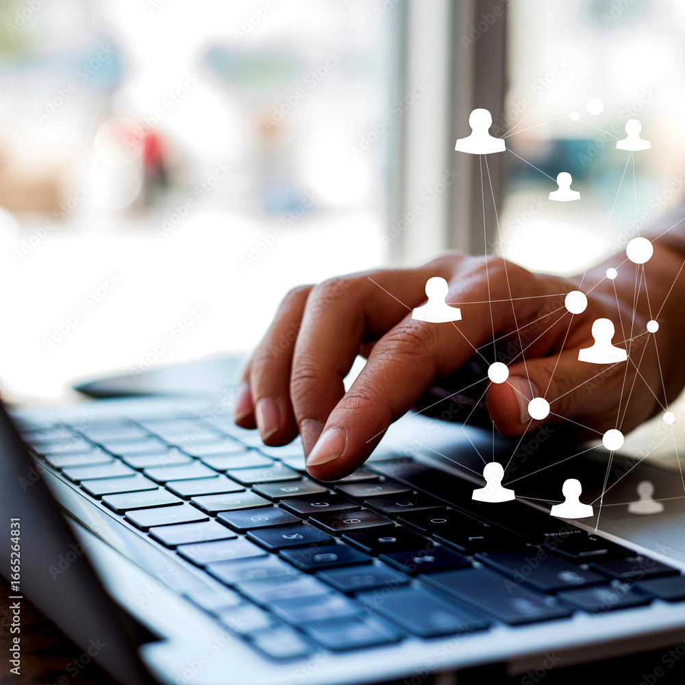 Aufkleber hand typing on laptop keyboard with social network connection overlay depicting global communication