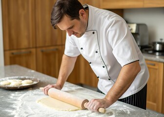 Focused male chef in white uniform expertly rolls out dough on a floured kitchen counter with a wooden rolling pin, preparing a delicious pastry with skill and precision