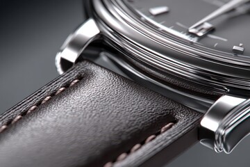 Close-up of luxury watch featuring a textured leather strap and metallic case.