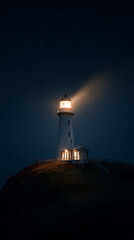 Bright beacon shining from a lighthouse on a dark night overlooking the ocean