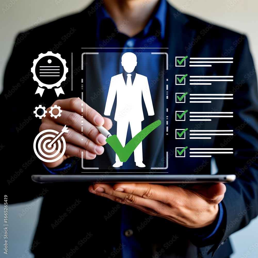 Poster human resources compliance checklist on digital tablet for business process automation and performan
