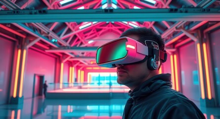 Man immersed in virtual reality experience wearing VR headset in modern, futuristic environment