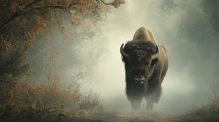 A majestic bison walks through a foggy autumn landscape, surrounded by golden leaves, misty air, and serene, earthy tones.
