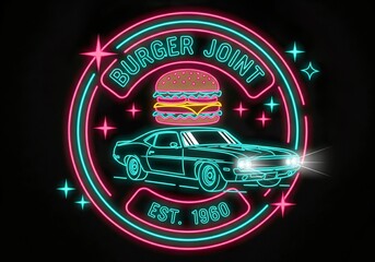 Retro Burger Joint with Classic Car Neon Sign