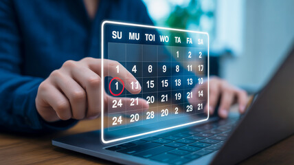 Person interacting with a holographic calendar interface on a laptop for scheduling and planning