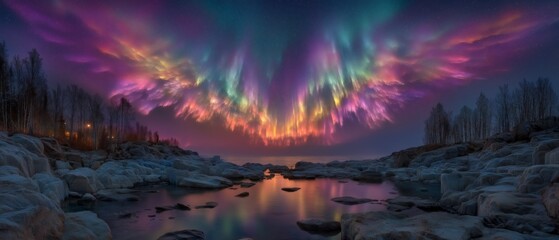 Surreal Aurora Shaped Like Angels Over an Icy Frontier with Reflections on a Frozen Lake