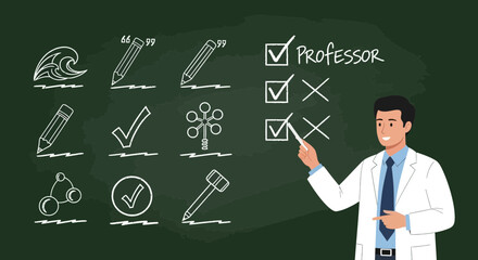 Scientist or professor explaining science concepts with chalk on a blackboard in classroom