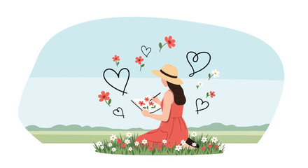 Serene meadow scene with artist painting flowers illustration for content creation