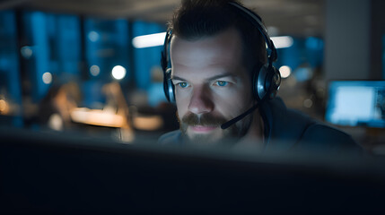 Focused male operator working late at night in the office
