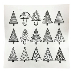 Obraz premium Various hand-drawn Christmas trees and mushroom on white background 