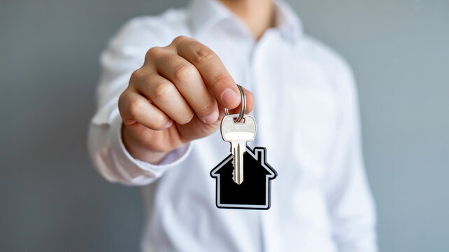 Person in a white shirt holds out a house shaped key fob with a silver key symbolizing homeownership and new beginnings - Powered by Adobe