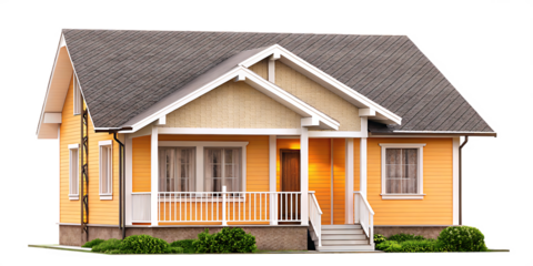 Orange bungalow house with white porch isolated on a transparent background