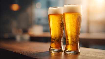 Two cold beer glasses sitting on bar counter in warm sunlight