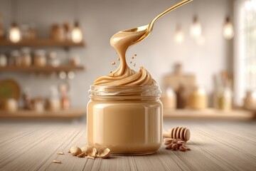 Creamy peanut butter swirls from a spoon into a jar on a wooden table, with peanuts.