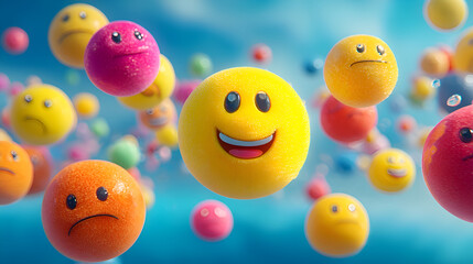 Happy smiley face floating among sad emojis in a blue sky