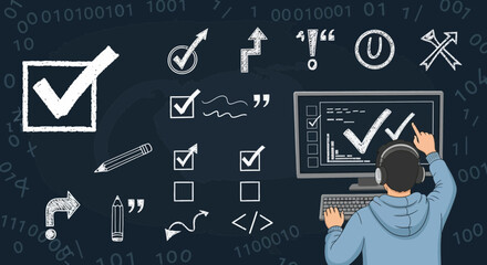 Software Development Process Visualization with Checklist and Coding Elements on screen