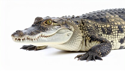 Obraz premium An American alligator with its mouth wide open, showcasing sharp teeth and textured scales, isolated on a white background for dramatic emphasis.