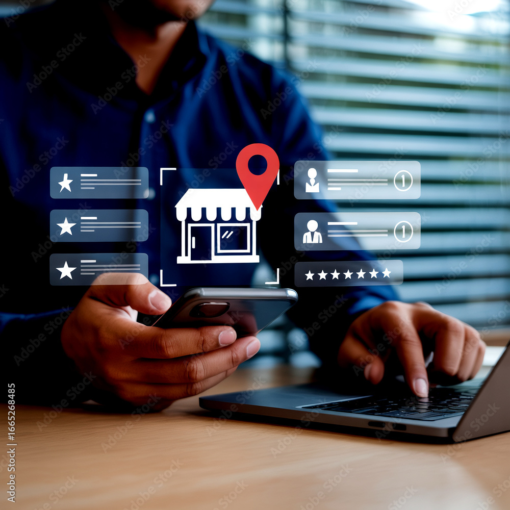 Poster man uses technology to find local business information and leaves positive reviews highlighting cust