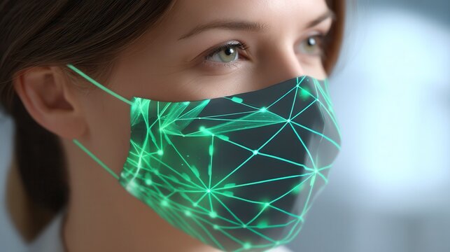 Focused caucasian female wearing futuristic glowing green digital face mask with geometric network pattern in clinical setting, representing advanced medical technology and pandemic innovation