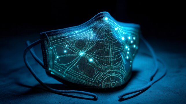 Futuristic high-tech face mask with glowing blue circuit pattern displayed against dark background, showcasing innovative wearable technology in healthcare protection - Powered by Adobe