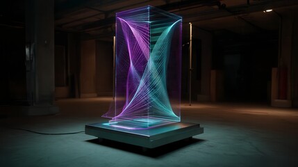 Mesmerizing geometric light art installation featuring purple and teal string patterns inside transparent cube displayed in dark gallery space - modern digital art exhibition