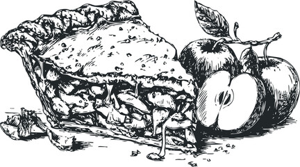 Hand drawn sketch of a slice of delicious apple pie with fresh apples