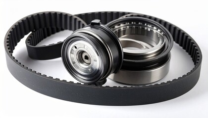 Naklejka premium A close-up of an automotive timing belt system featuring a toothed belt, tensioner pulley, and bearing, isolated on a clean surface to highlight mechanical precision.