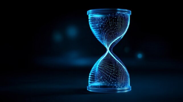 Futuristic digital hourglass with glowing blue particles against dark background representing time management and technology innovation in business with free copy space