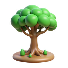 3d stylized lush green tree with rounded canopy on soil base transparent background
