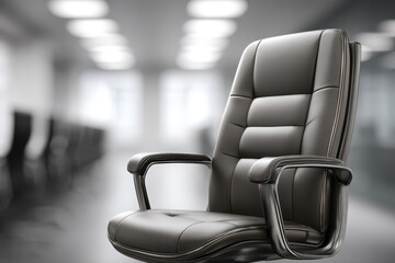 Modern executive black leather office chair against a blurred corporate meeting room background.