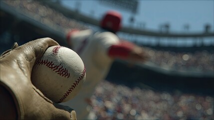 Baseball player holding a ball in a leather glove.