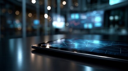 Sophisticated digital tablet displaying blue network connections on dark desk with blurred modern office background, technology innovation concept