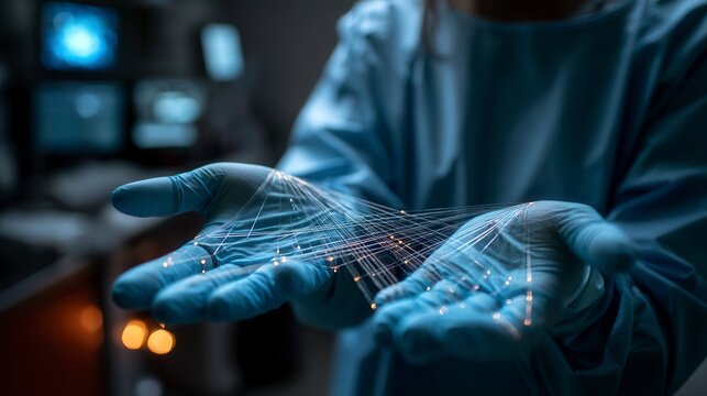 Focused medical professional in blue gloves holding digital network visualization with glowing light connections in dark laboratory setting for healthcare technology research - Powered by Adobe