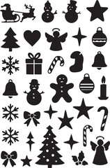 Christmas silhouette icon set with festive winter elements including snowmen, tree, ornaments, reindeer, and snowflakes