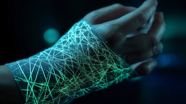 Futuristic human hand with glowing turquoise digital network projection on skin showcasing advanced biotechnology interface in dark setting, representing cutting-edge medical technology innovation