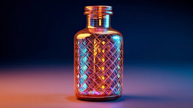 Futuristic glowing glass bottle with diamond pattern illuminated by vibrant orange and blue neon lights against dark background, digital art rendering for technology concept - Powered by Adobe