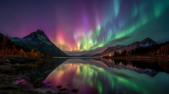 Vibrant northern lights illuminate the mountains and lake under a starry sky in Norway's beautiful landscape - Powered by Adobe